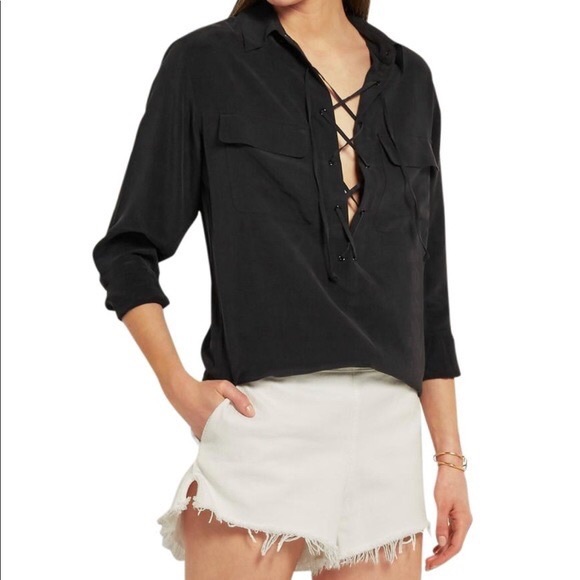 Equipment Knox Lace Up Henley Silk Blouse Sz XS EUC Magenta - Picture 2 of 8